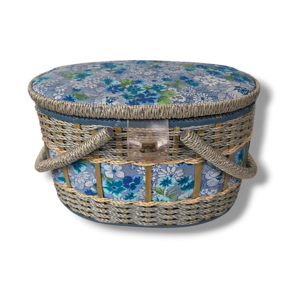 Vintage Wicker Sewing Basket Retro Floral Fabric Floral Garden Blue Green Silver